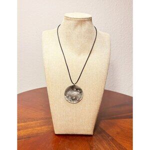 Women's Leather Rhinestone Round Textured Pendant Necklace